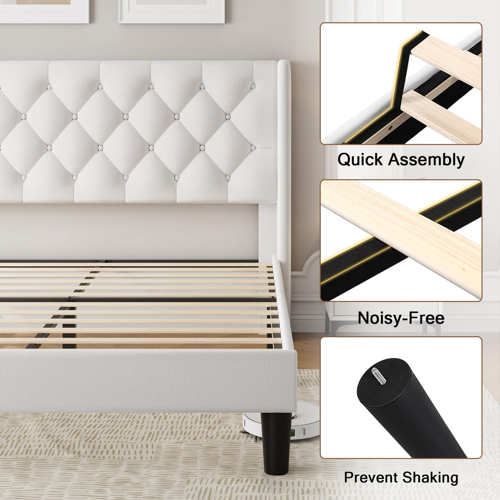 Queen Size Velvet Upholstered Platform Bed Frame with Wingback Headboard S357045