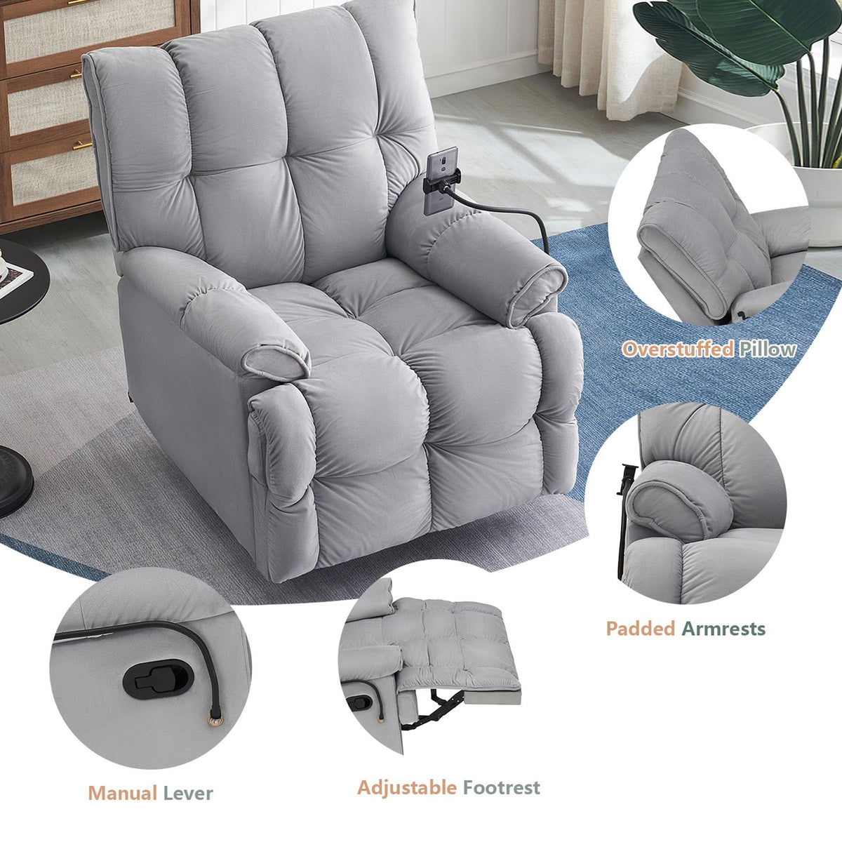 Gray Velvet Recliner Chair R9902