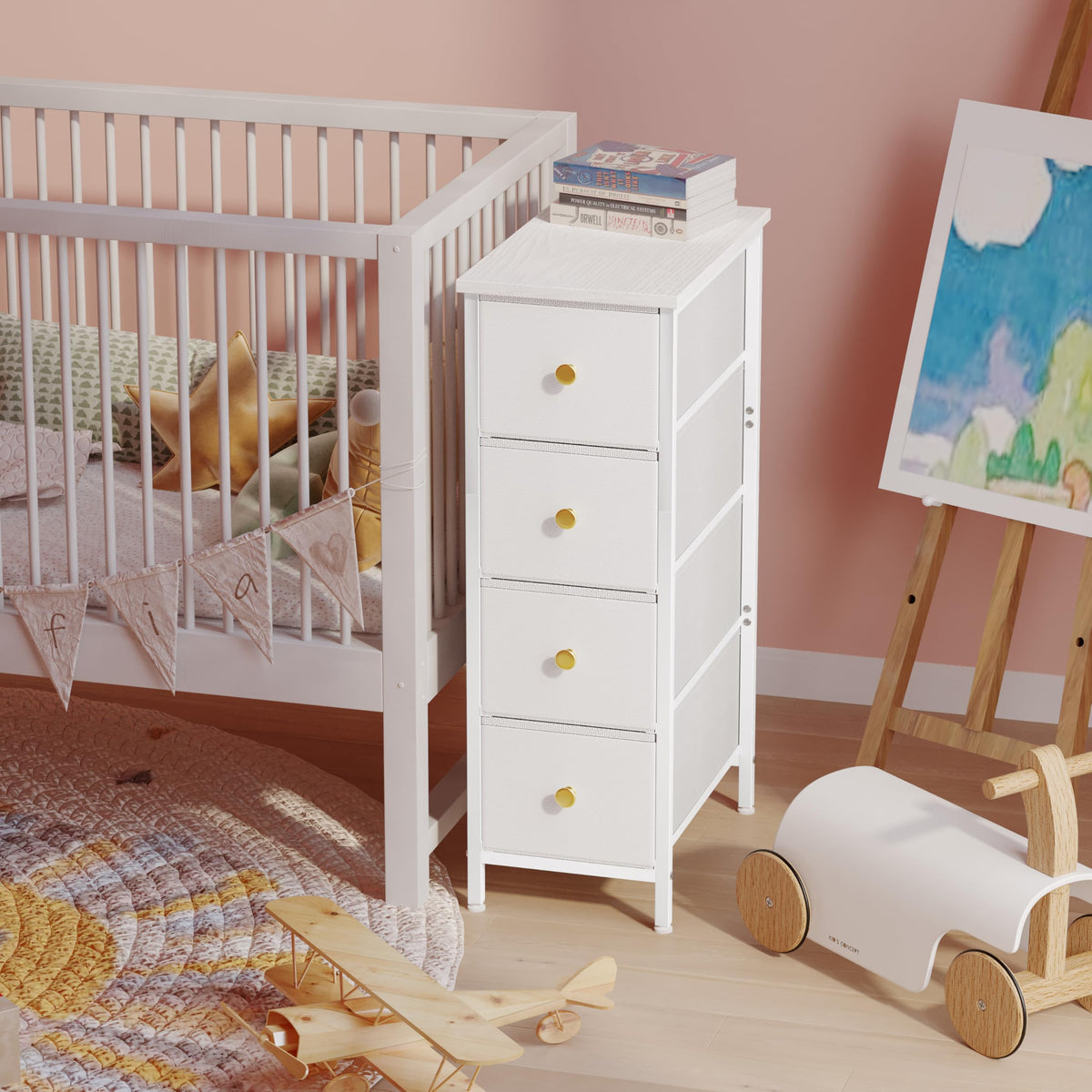 White 4 Fabric Drawer Narrow Storage Cabinet Q636