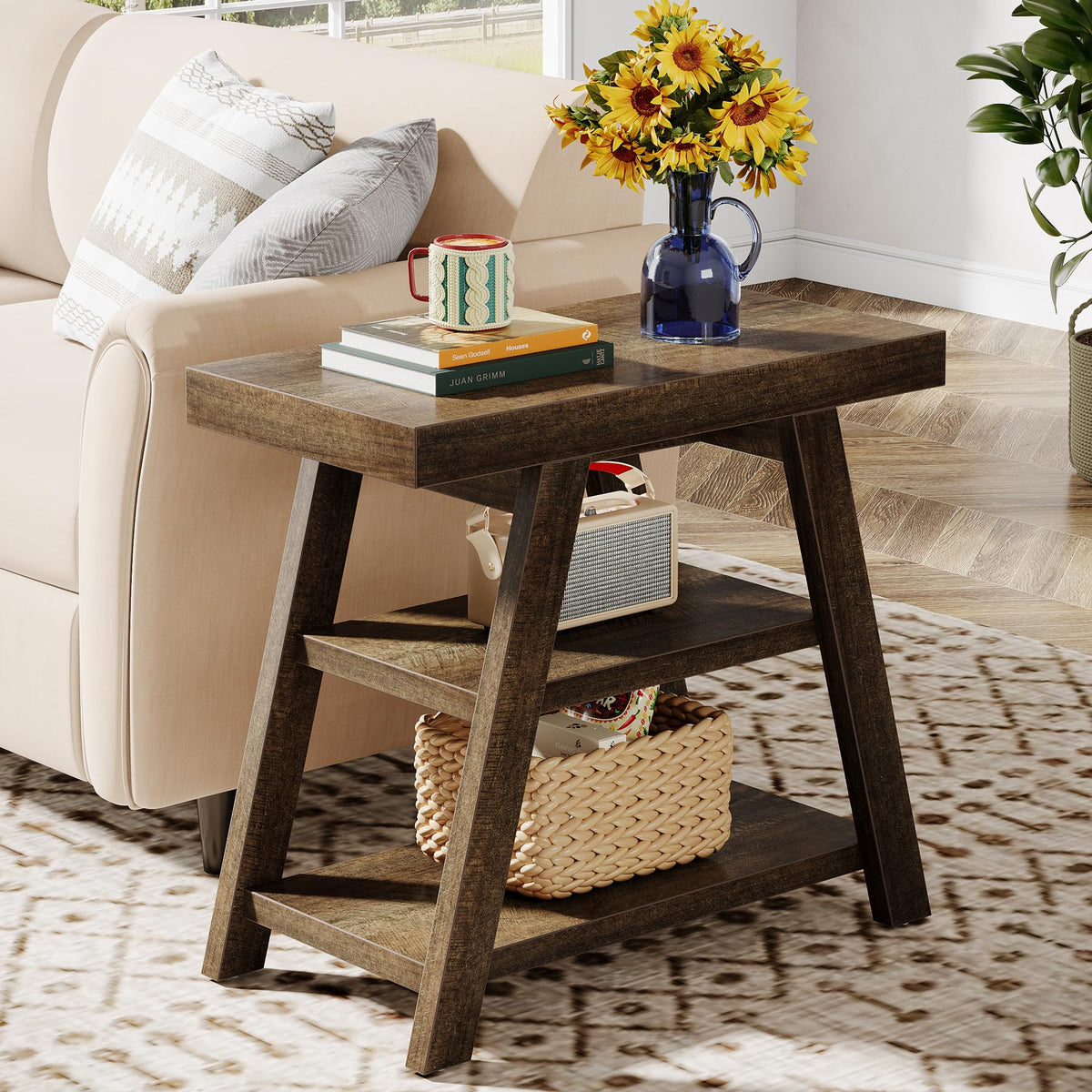 3-Tier Wooden Sofa Side Table with Trapezoid Legs M9868