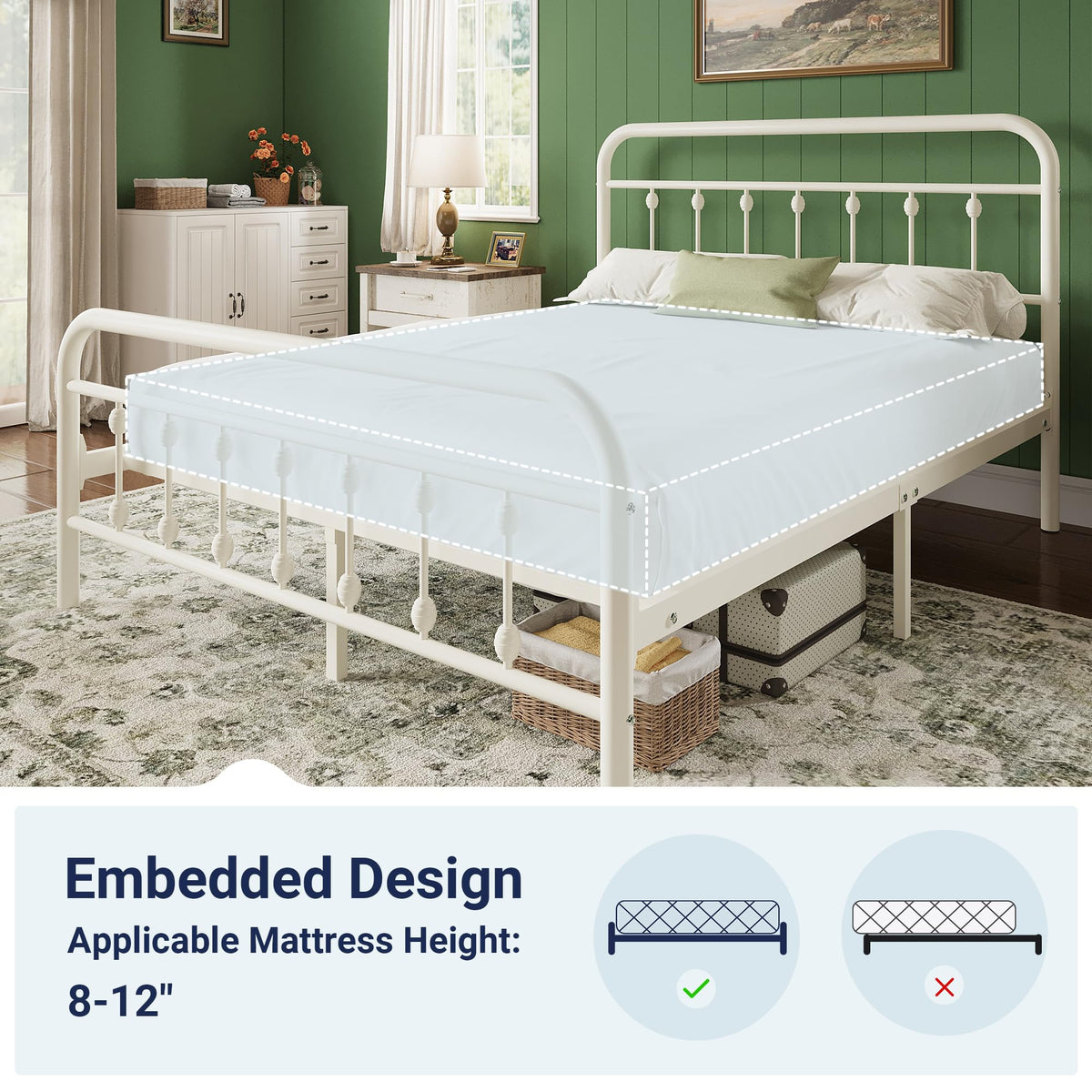 14 Inches Full Size Off White Metal Platform Bed Frame O587252