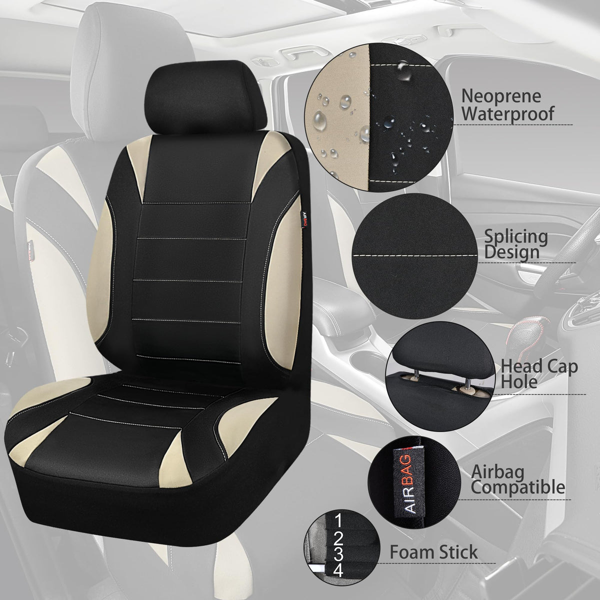 Waterproof Car Seat Covers Full Set Black and Beige T58229