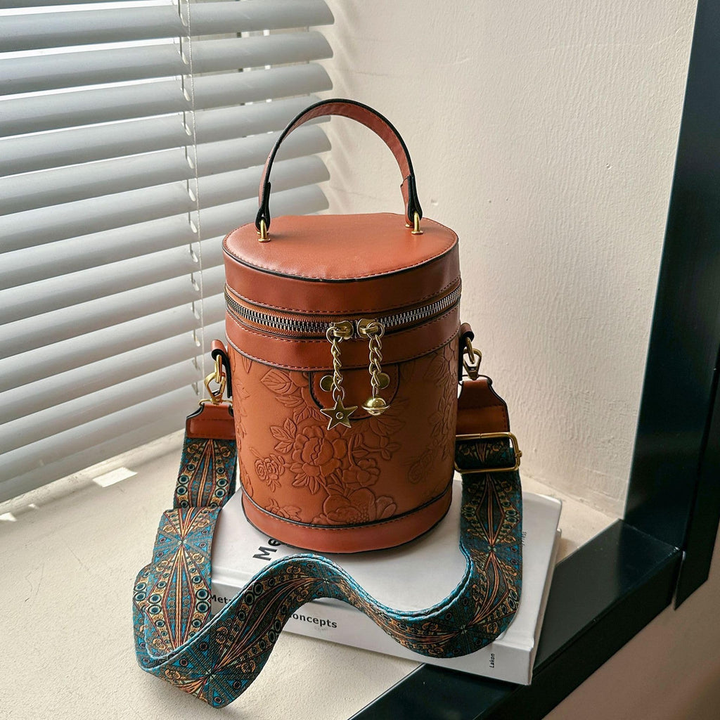 Round Barrel Bucket Bag Embossed Vegan Leather Crossbody Handbag T211554