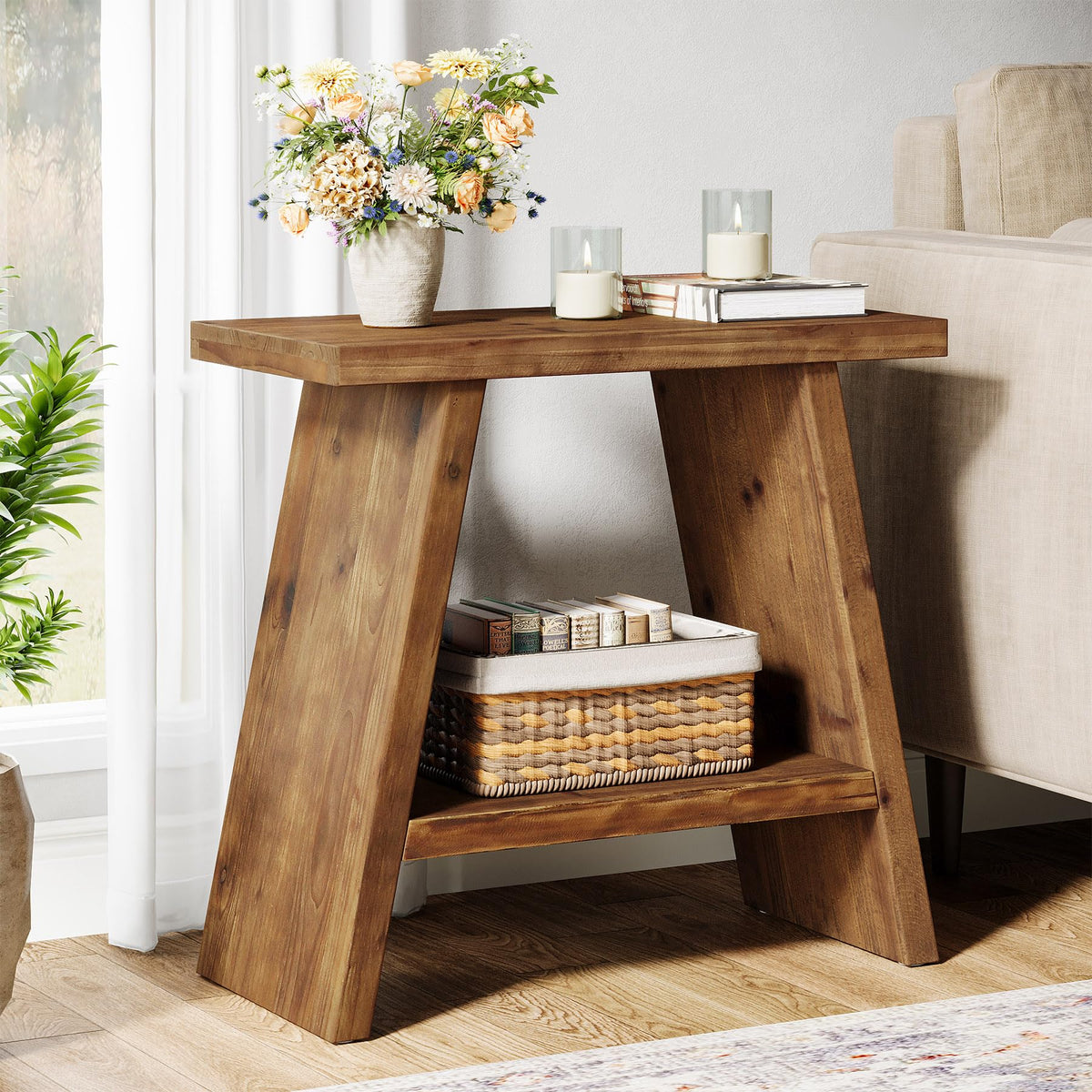 Solid Wood 2-Tier Narrow End Table F357307