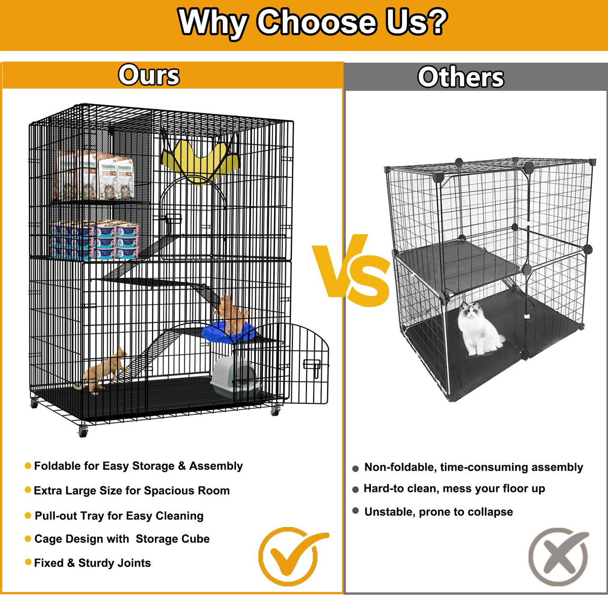 Extra Large 4-Tier Collapsible Cat Cage with Storage Cube J63091