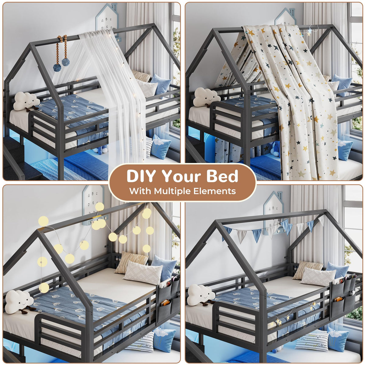 Black Twin Over Twin Metal Bunk Bed with Storage Staircase S330