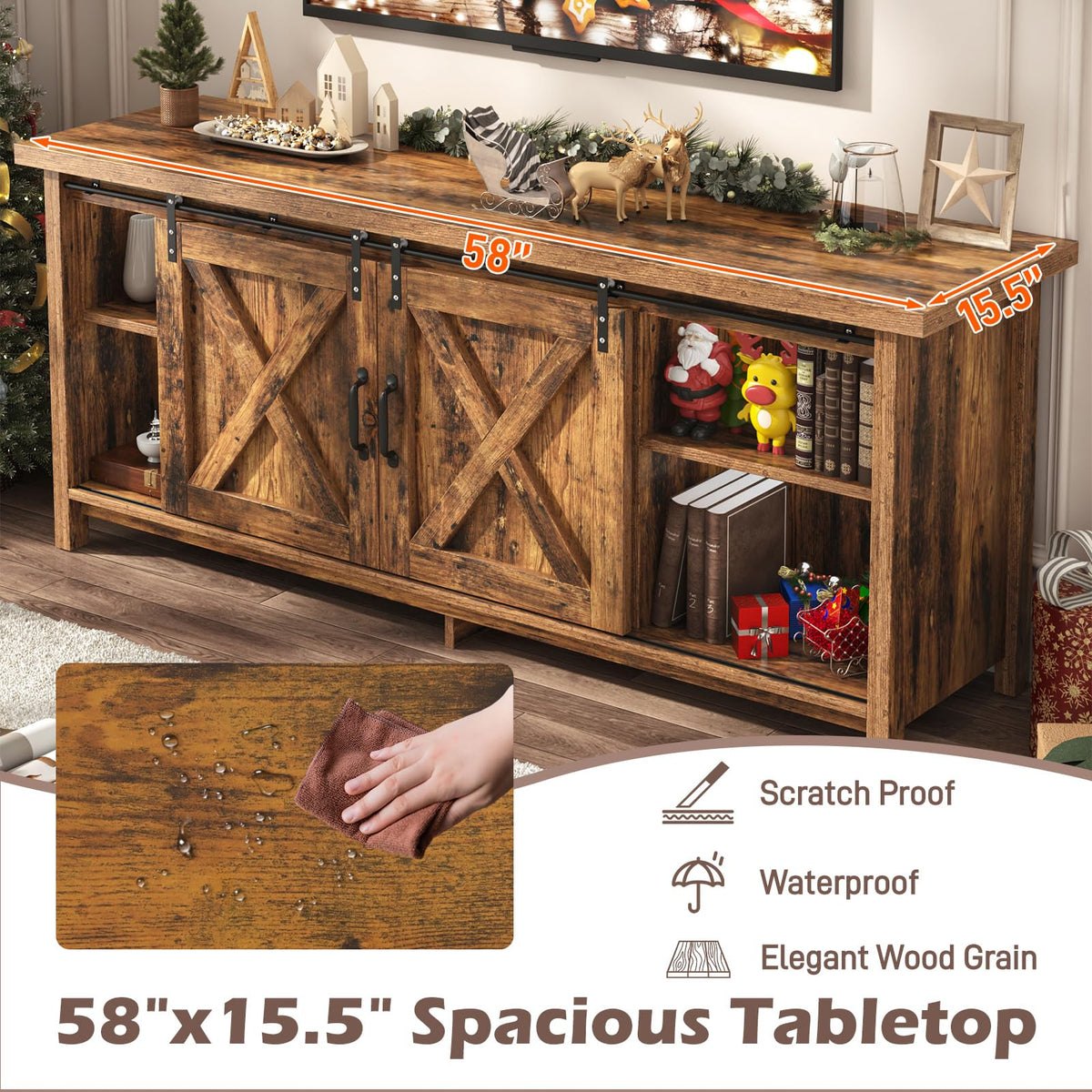 65 Inch Brown Wood TV Stand with Sliding Barn Door F367