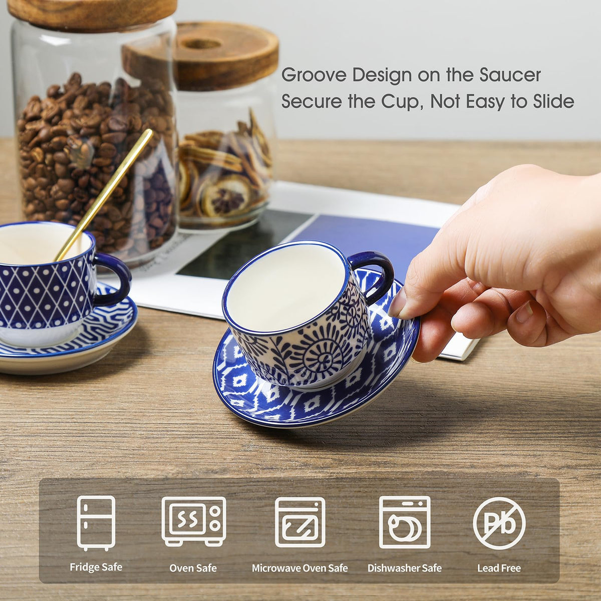 Ceramic Dinnerware Sets 12 Piece Cappuccino Cups with Saucers and Metal Stand V905468