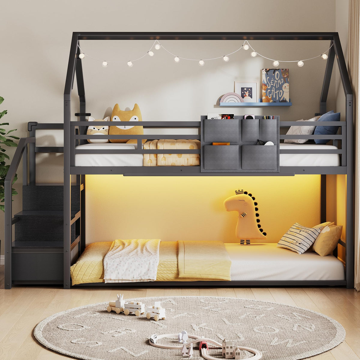 Black Twin Over Twin Metal Bunk Bed with Storage Staircase S330