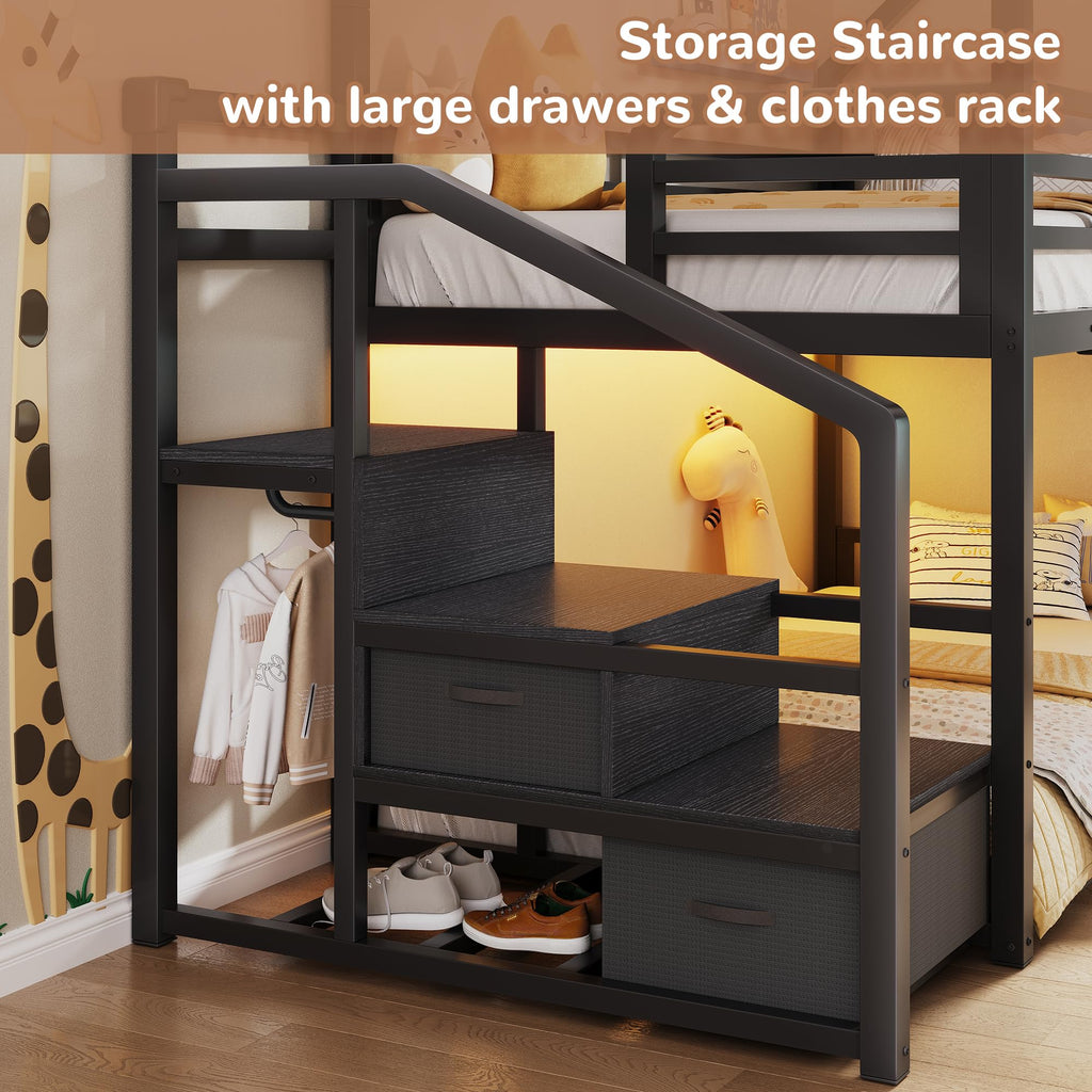 Black Twin Over Twin Metal Bunk Bed with Storage Staircase S330
