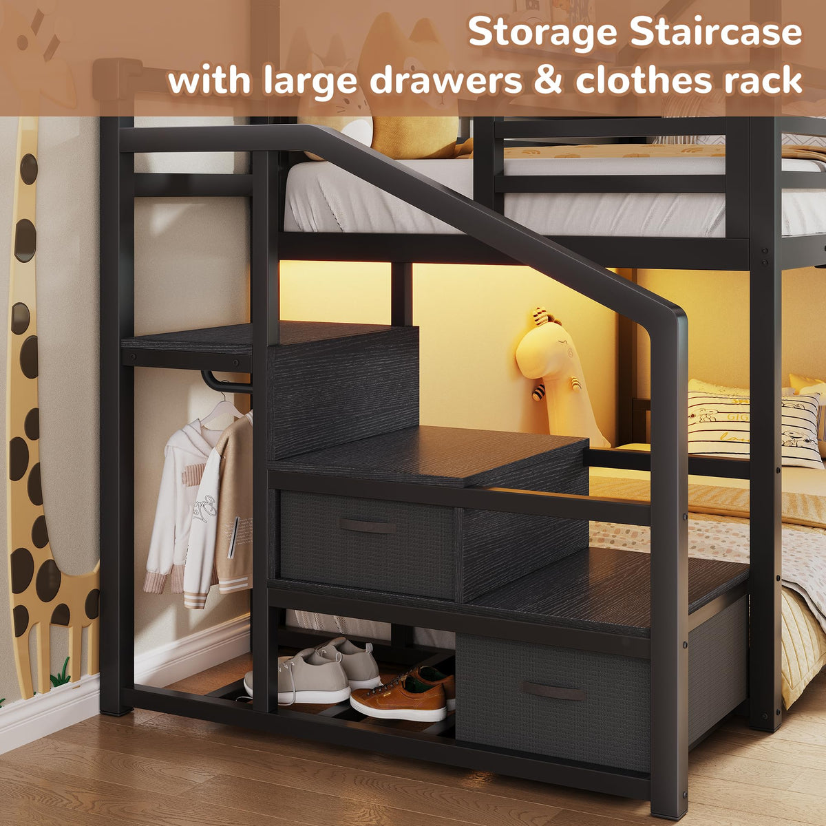 Black Twin Over Twin Metal Bunk Bed with Storage Staircase S330
