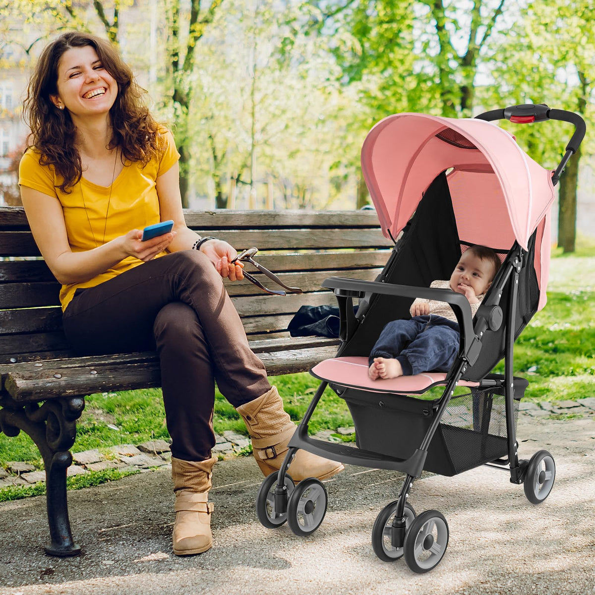Lightweight Compact Fold Stroller with Canopy & Storage Basket, Pink C517