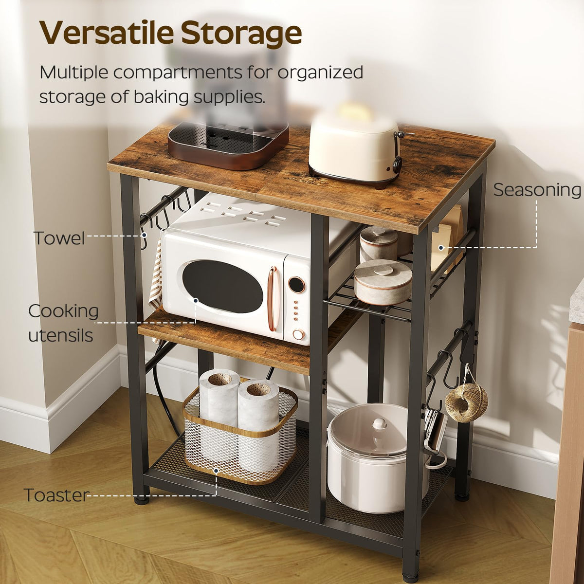 Rustic Brown Kitchen Storage Rack with Charging Station S3467