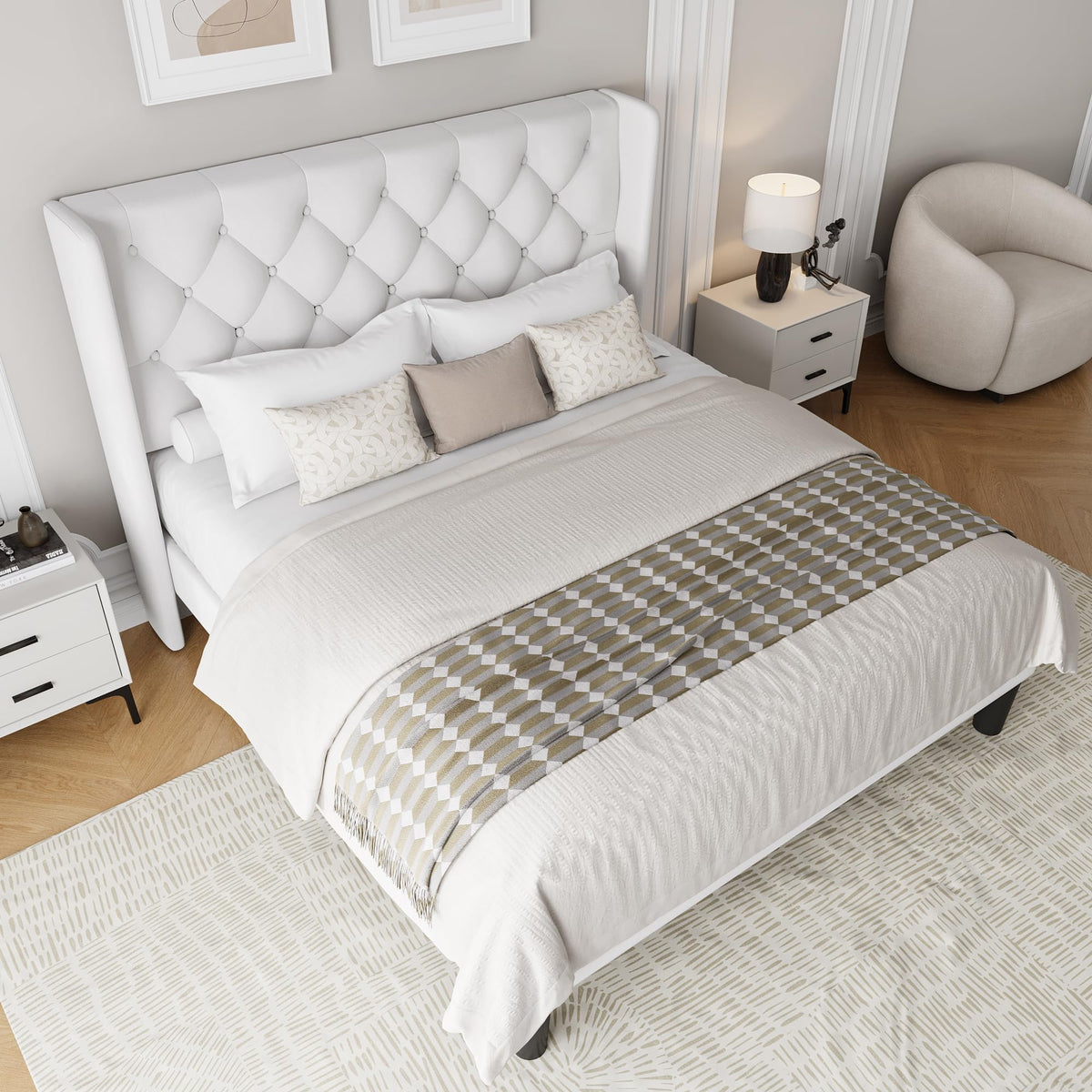 Queen Size Velvet Upholstered Platform Bed Frame with Wingback Headboard S357045