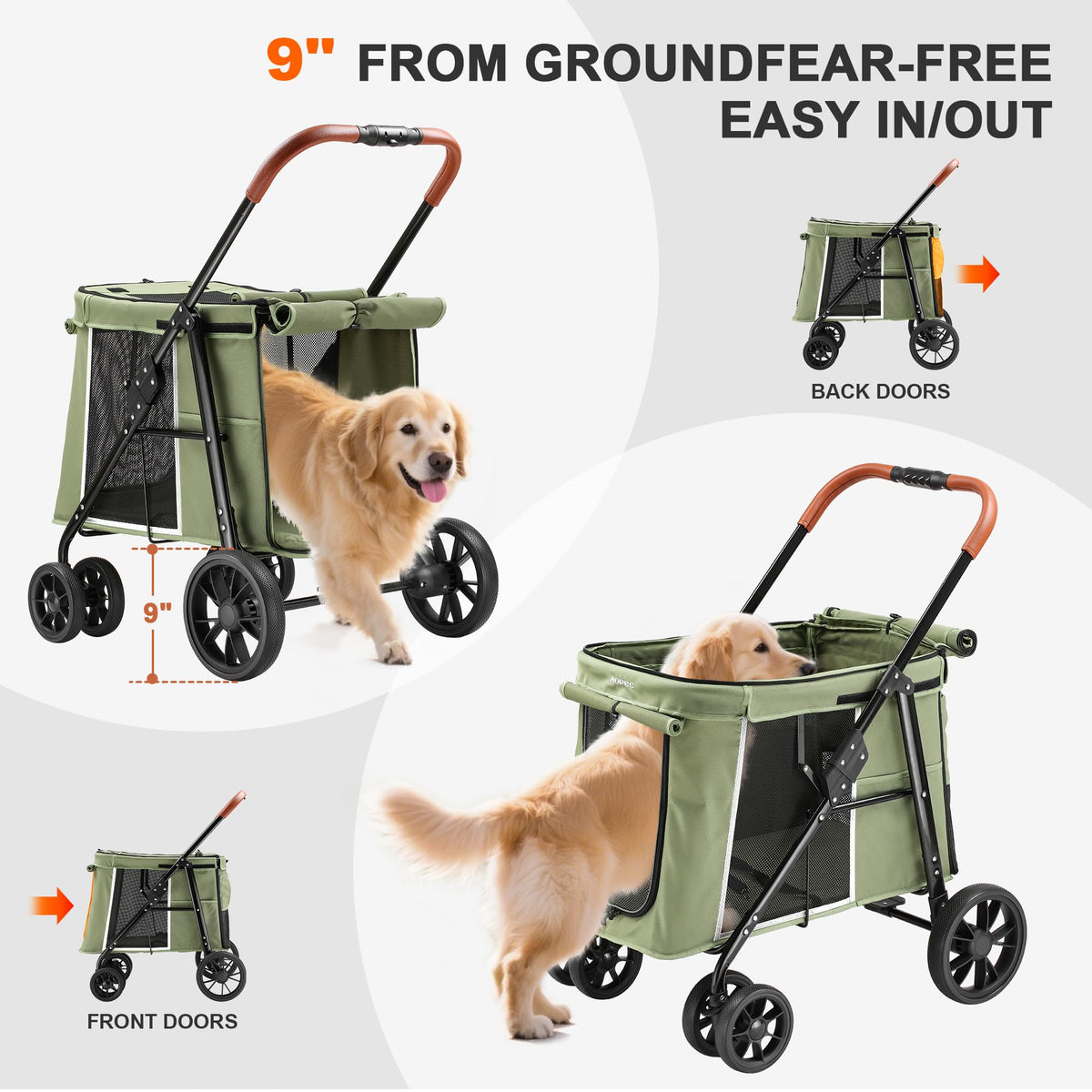 Medium Dog Stroller, One-Touch Folding, 360° Rotating Front Wheels, 80 lbs Weight Capacity, Green Q790
