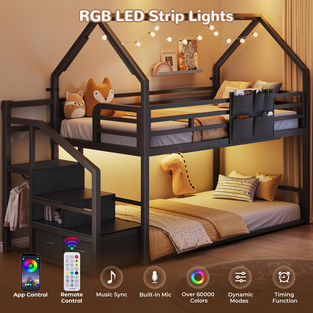 Black Twin Over Twin Metal Bunk Bed with Storage Staircase S330