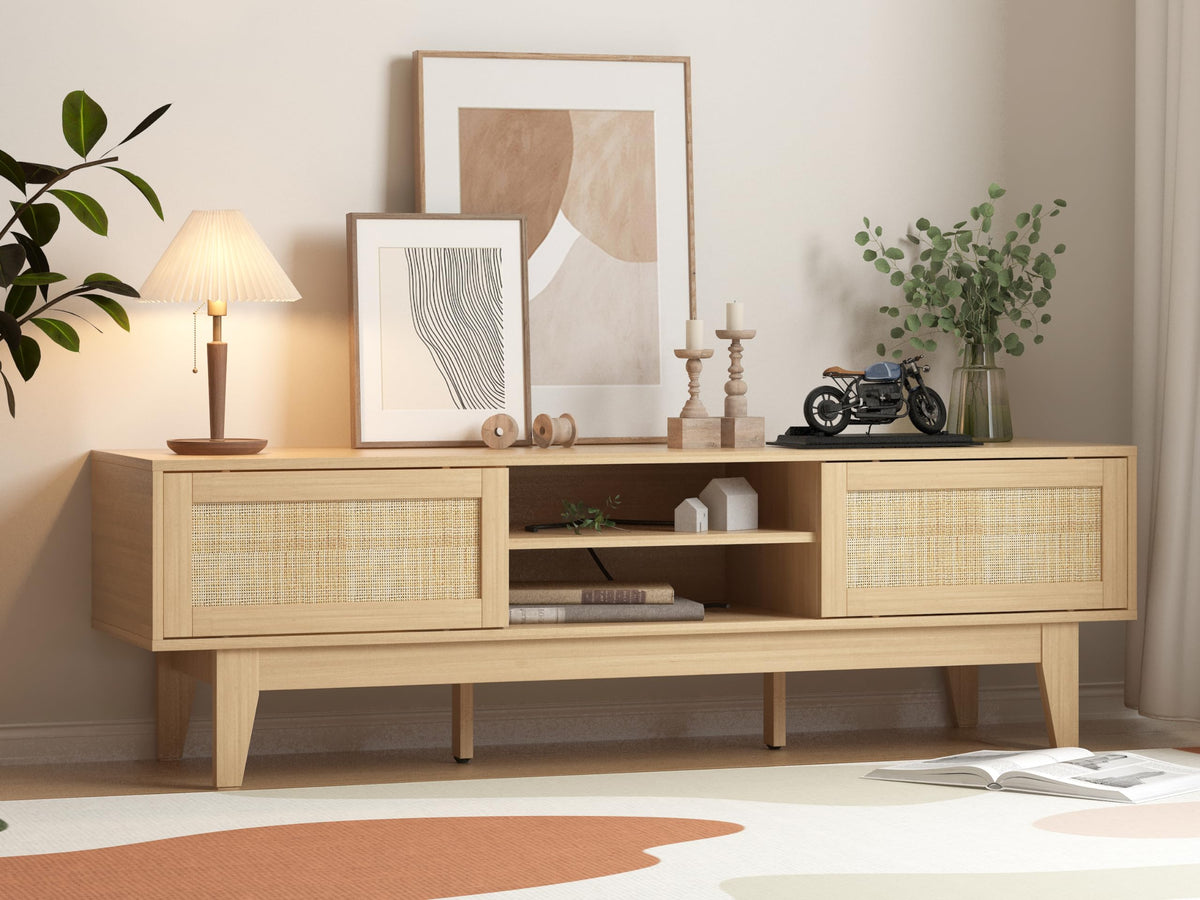 Natural Rattan TV Stand with Sliding Doors J819004