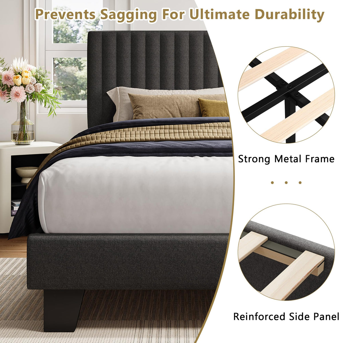 Queen Size Upholstered Platform Bed with Linen Headboard V89649