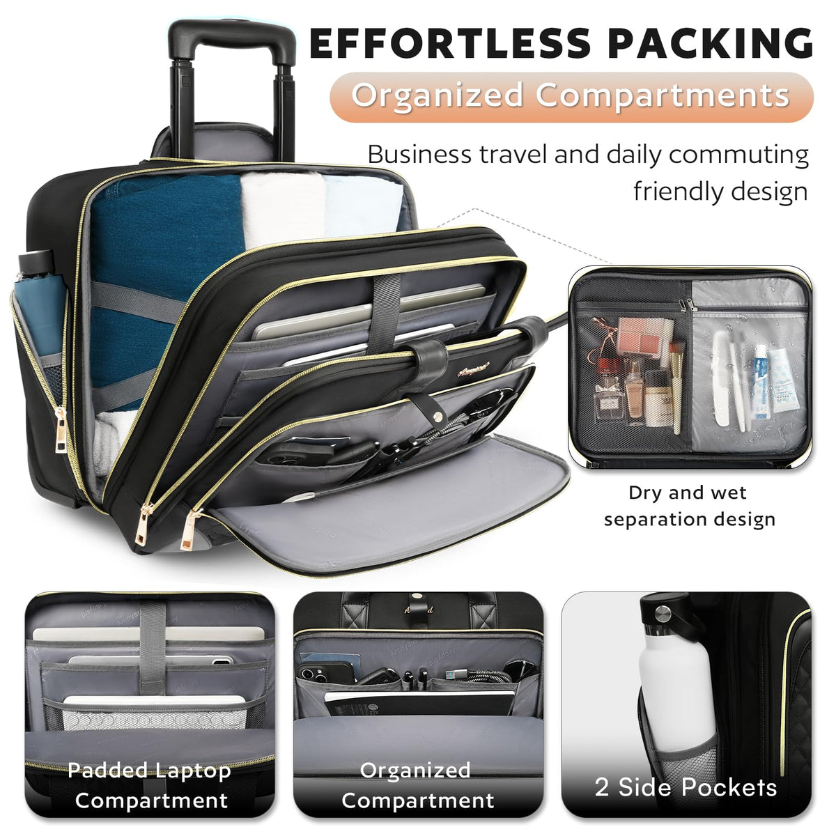 Rolling Laptop Bag with Wheels, 17 Inch Waterproof Black W171