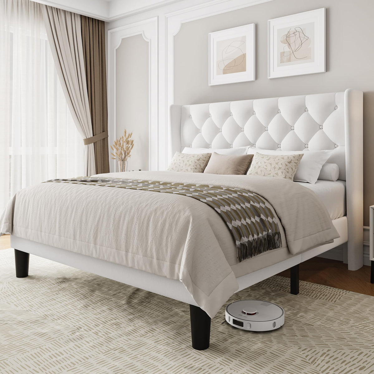 Queen Size Velvet Upholstered Platform Bed Frame with Wingback Headboard S357045