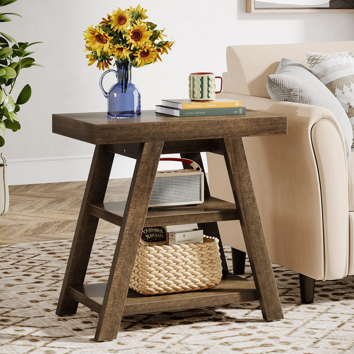 3-Tier Wooden Sofa Side Table with Trapezoid Legs M9868