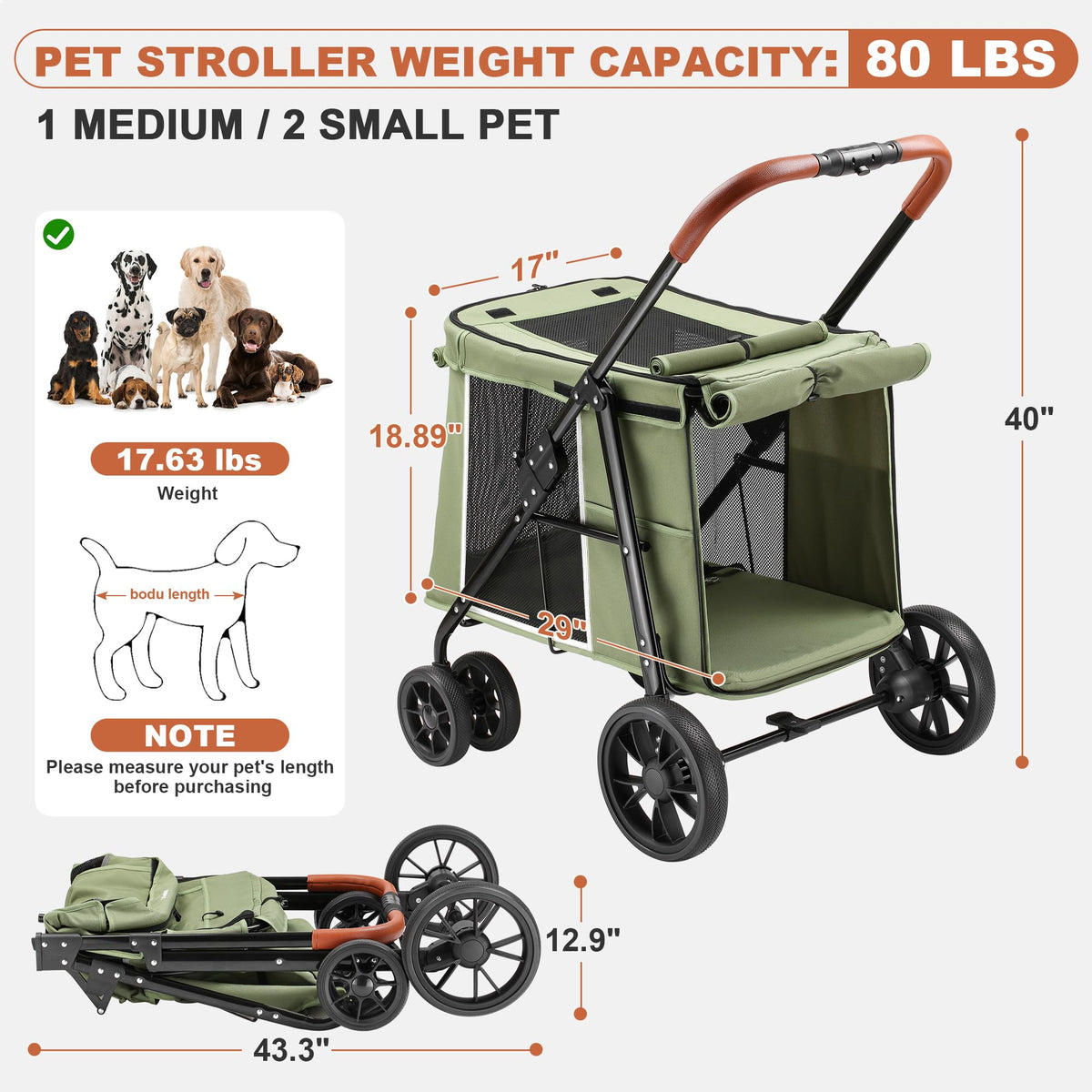 Medium Dog Stroller, One-Touch Folding, 360° Rotating Front Wheels, 80 lbs Weight Capacity, Green Q790