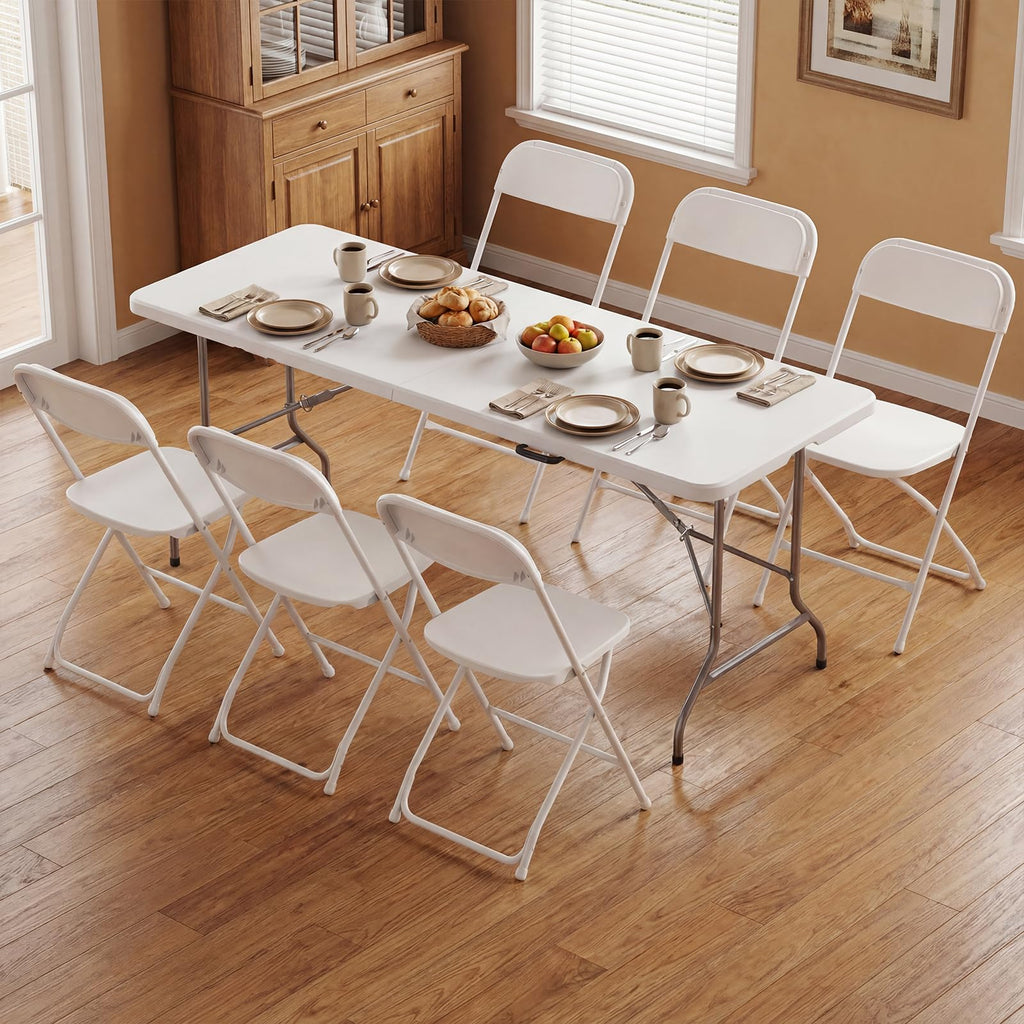 6 FT Folding Picnic Table with 6 Folding Chairs White W371
