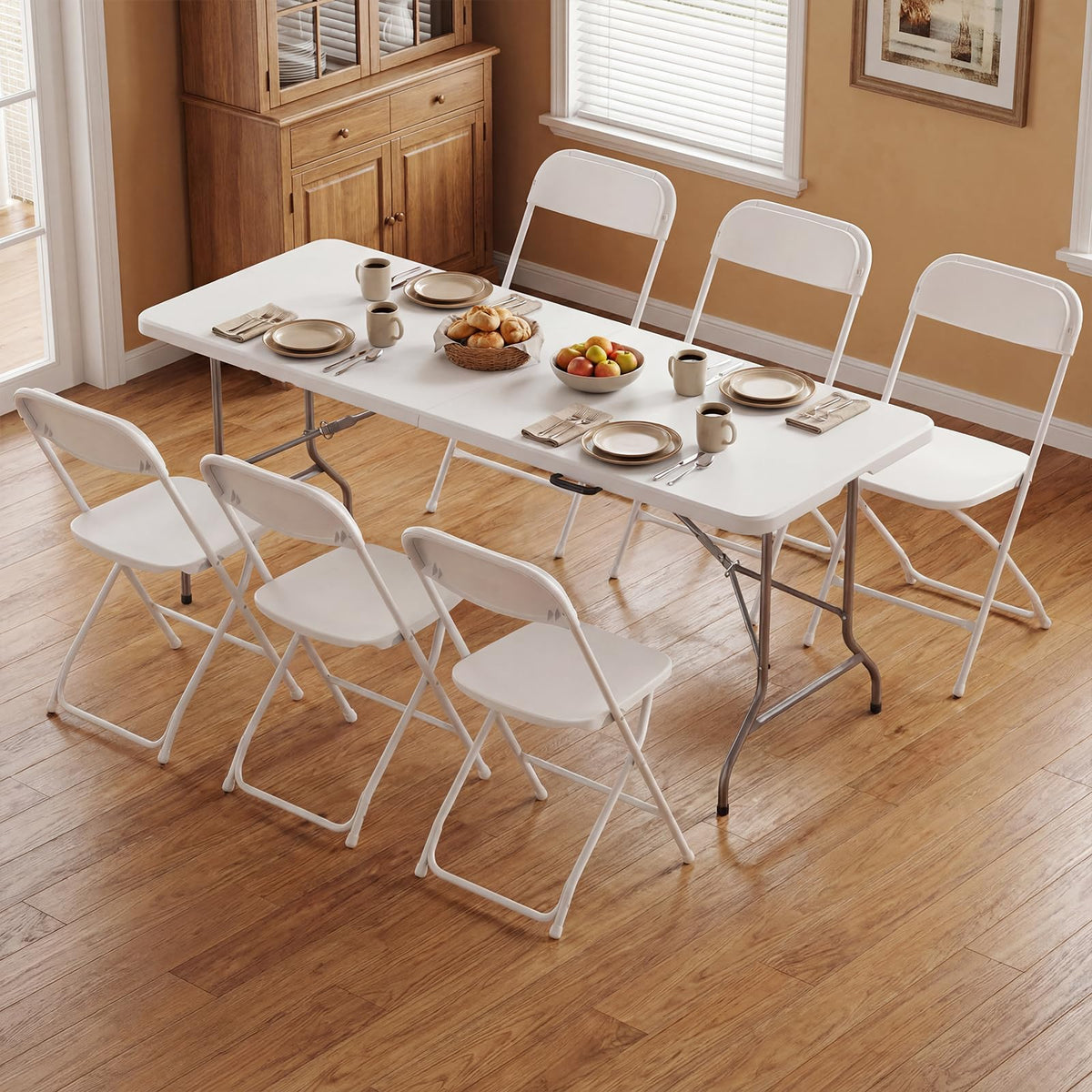 6 FT Folding Picnic Table with 6 Folding Chairs White W371