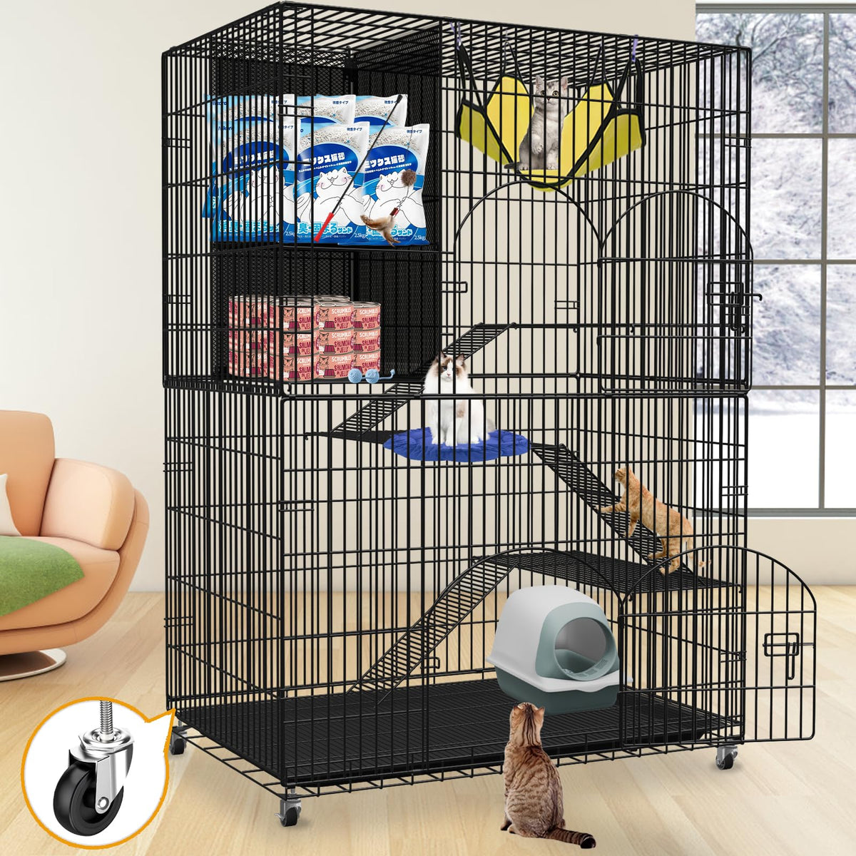 Extra Large 4-Tier Collapsible Cat Cage with Storage Cube J63091