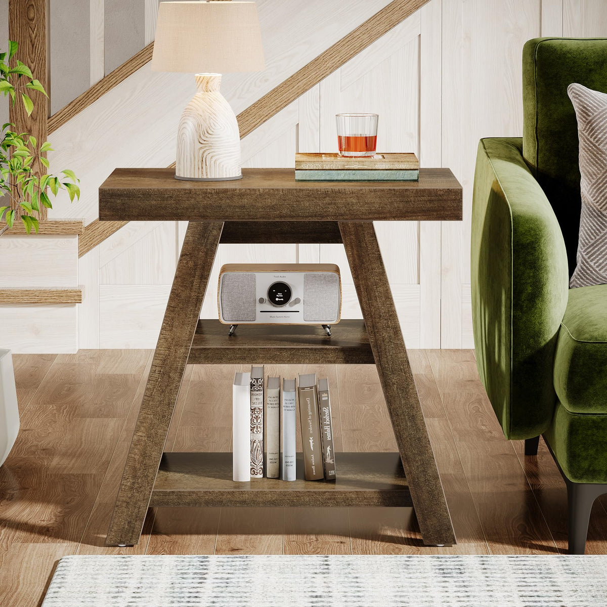 3-Tier Wooden Sofa Side Table with Trapezoid Legs M9868