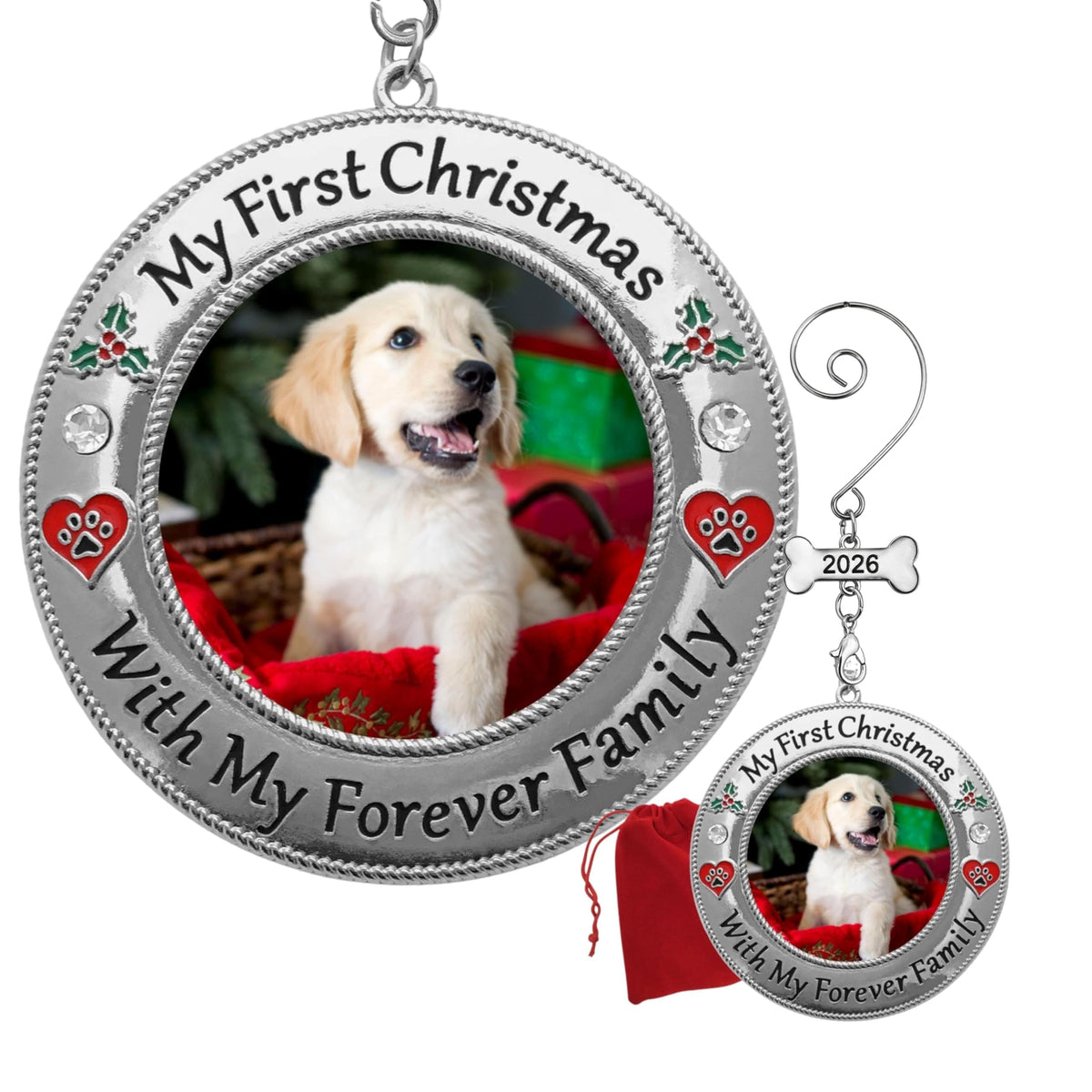 Dog Photo Ornament with Red Heart, 3 Inch P45175