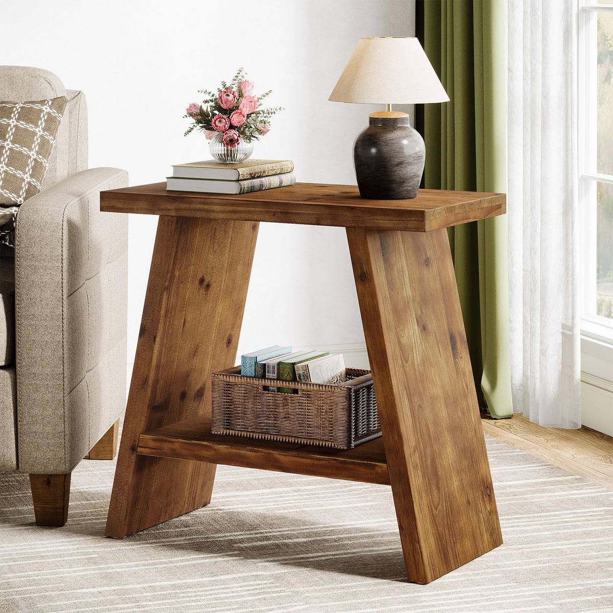 Solid Wood 2-Tier Narrow End Table F357307