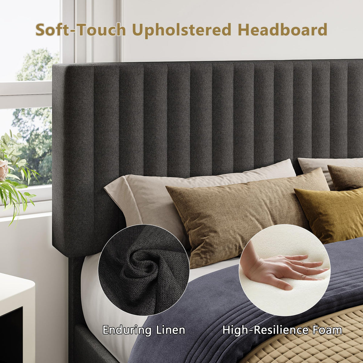 Queen Size Upholstered Platform Bed with Linen Headboard V89649