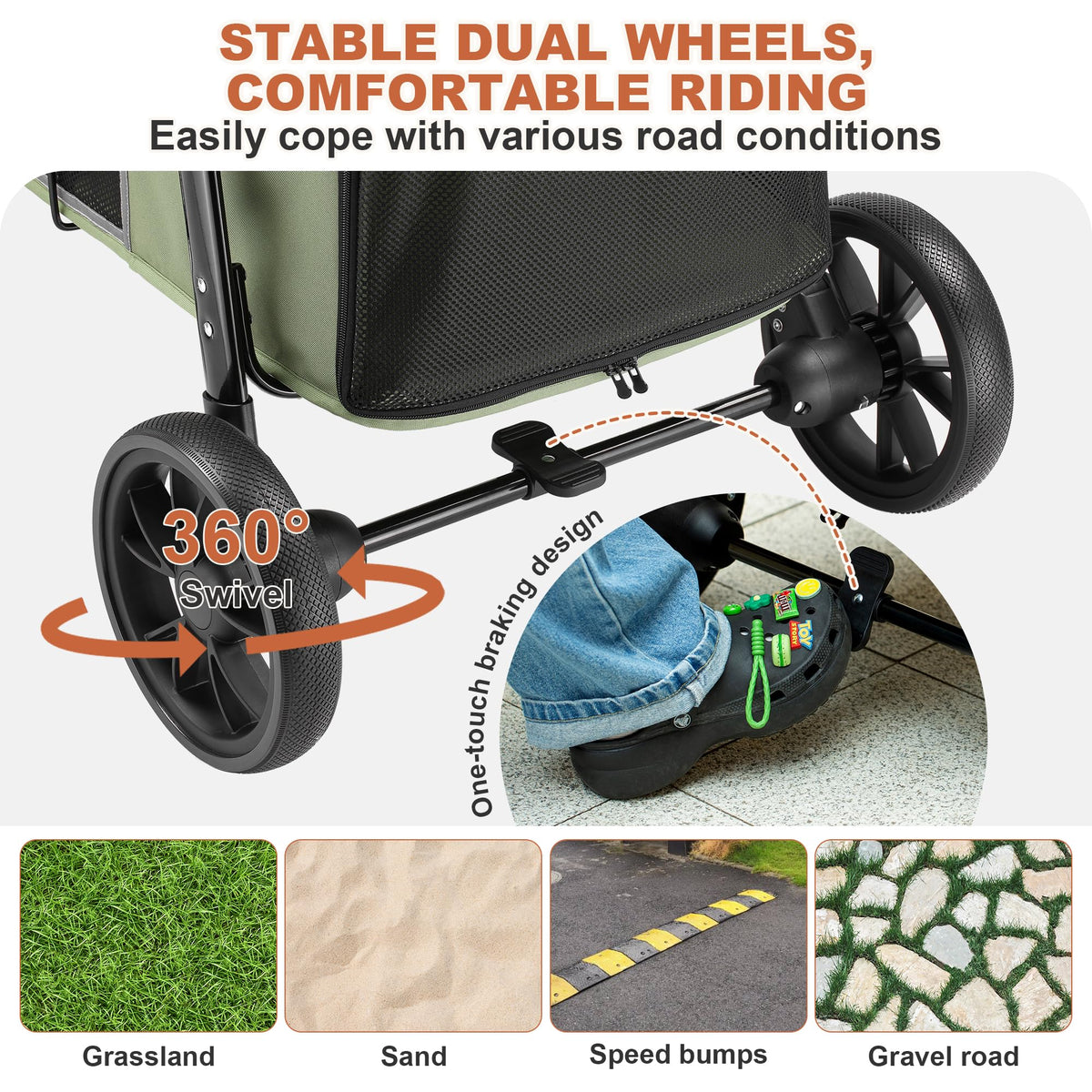 Medium Dog Stroller, One-Touch Folding, 360° Rotating Front Wheels, 80 lbs Weight Capacity, Green Q790