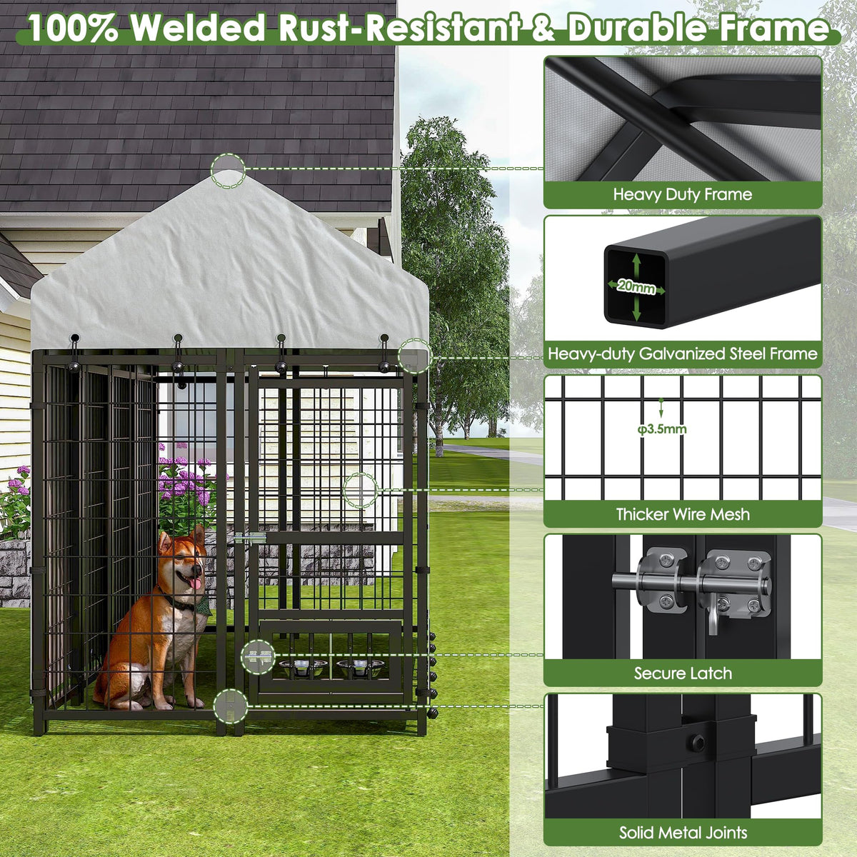 8x4x6 FT Metal Dog Kennel with 2 Dog Bowls O783889
