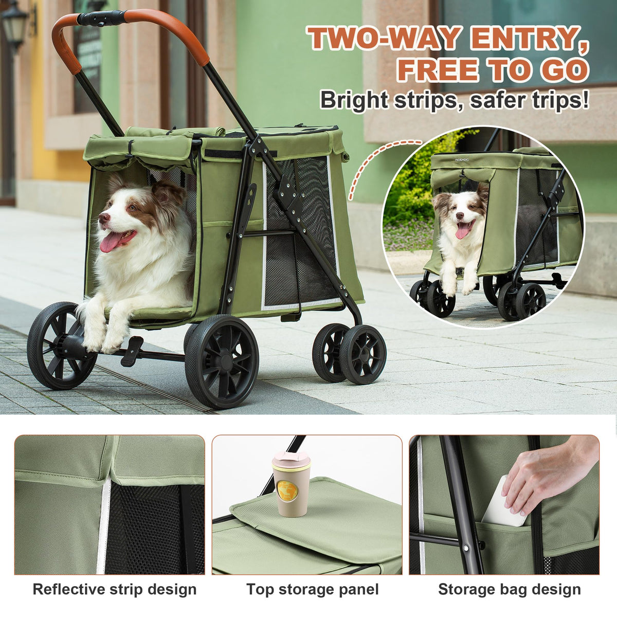Medium Dog Stroller, One-Touch Folding, 360° Rotating Front Wheels, 80 lbs Weight Capacity, Green Q790