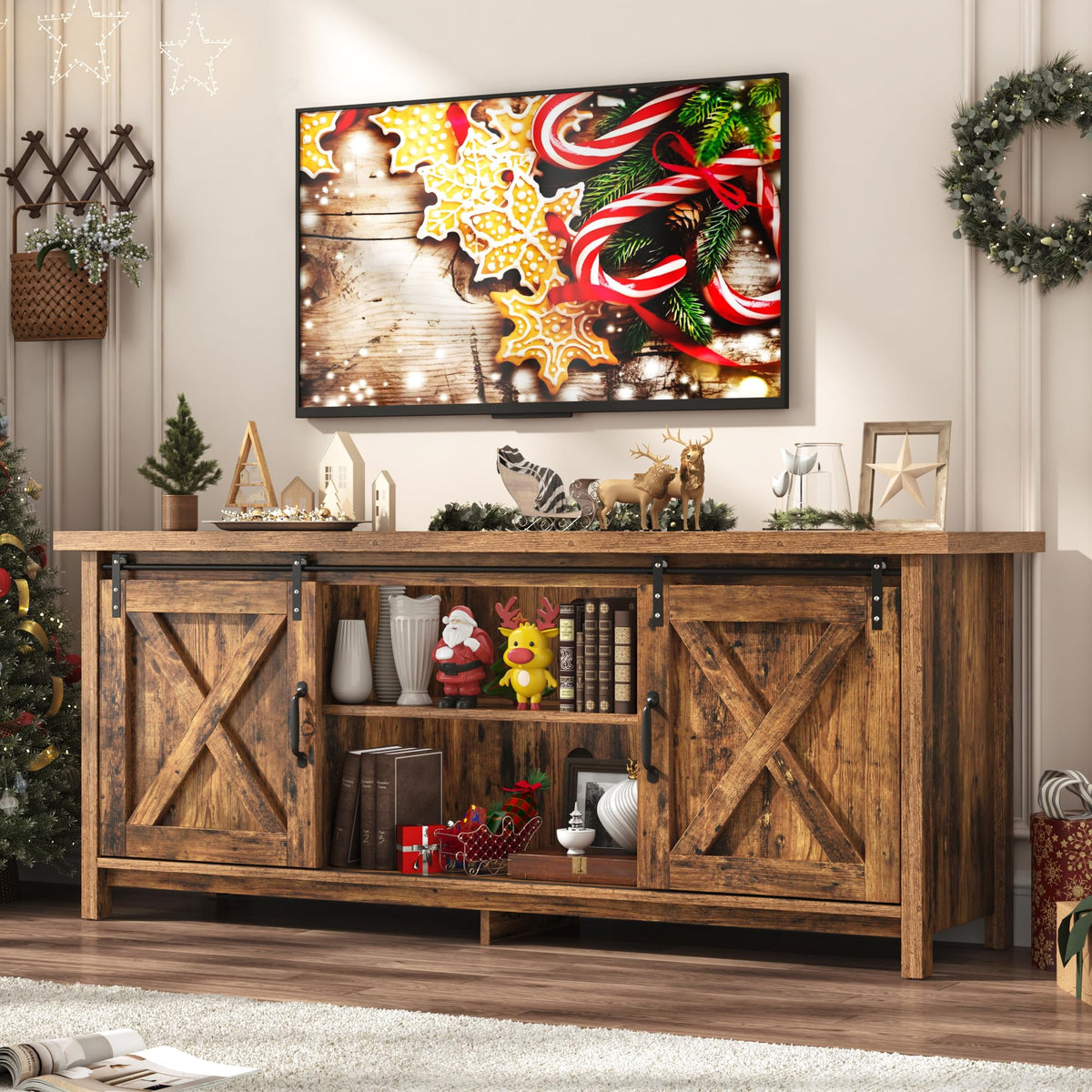 65 Inch Brown Wood TV Stand with Sliding Barn Door F367