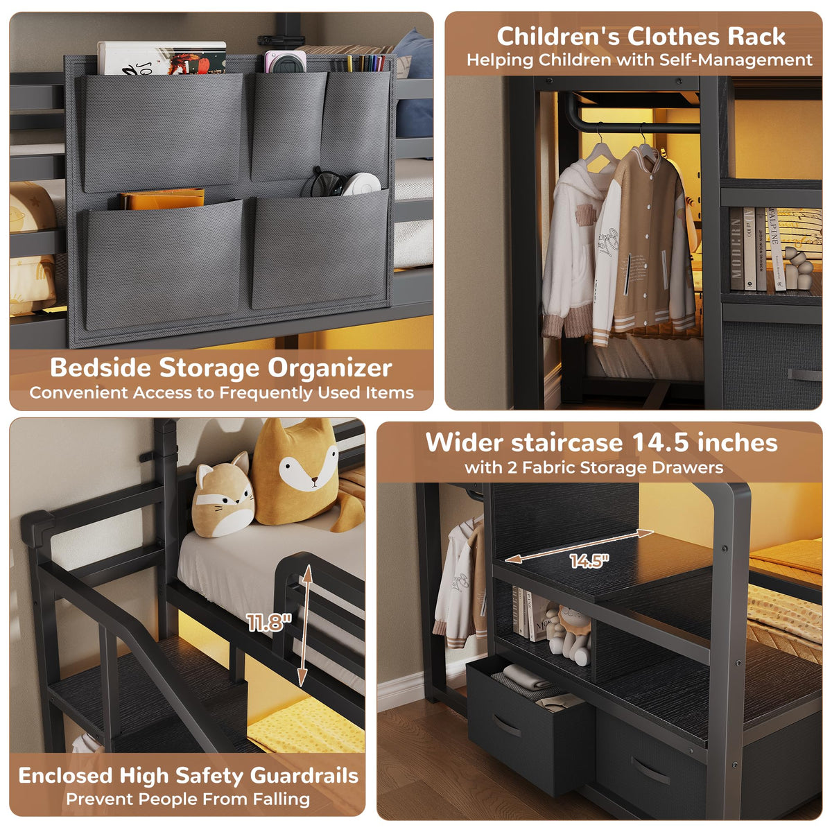 Black Twin Over Twin Metal Bunk Bed with Storage Staircase S330