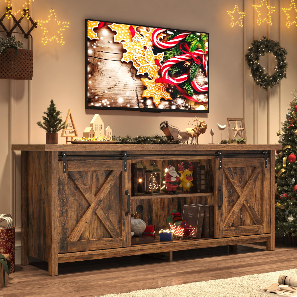65 Inch Brown Wood TV Stand with Sliding Barn Door F367
