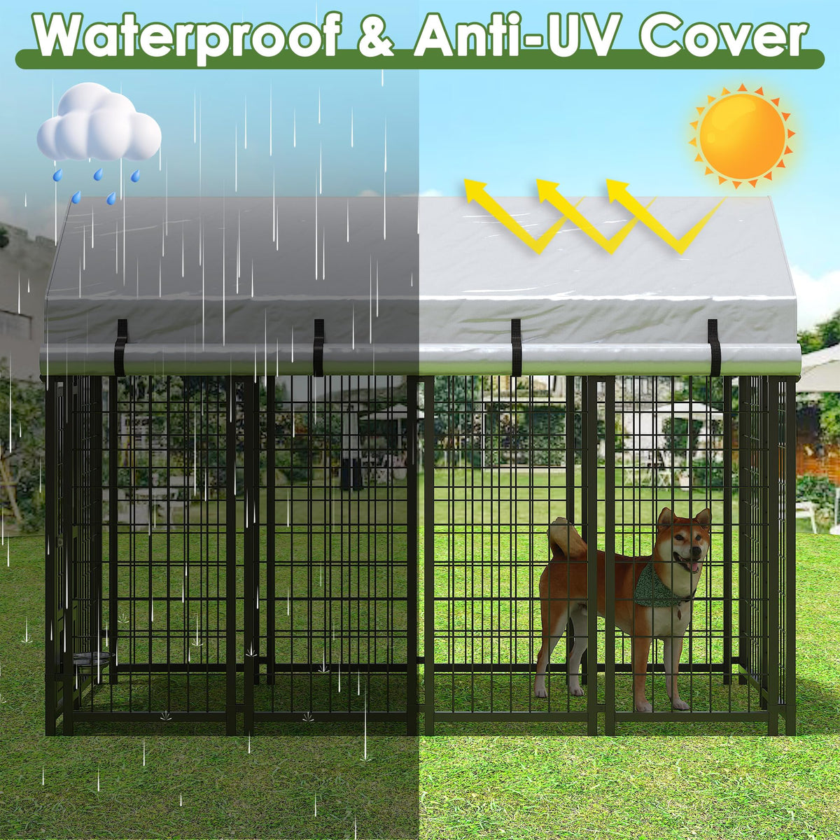 8x4x6 FT Metal Dog Kennel with 2 Dog Bowls O783889