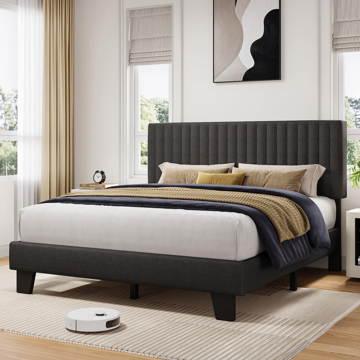 Queen Size Upholstered Platform Bed with Linen Headboard V89649