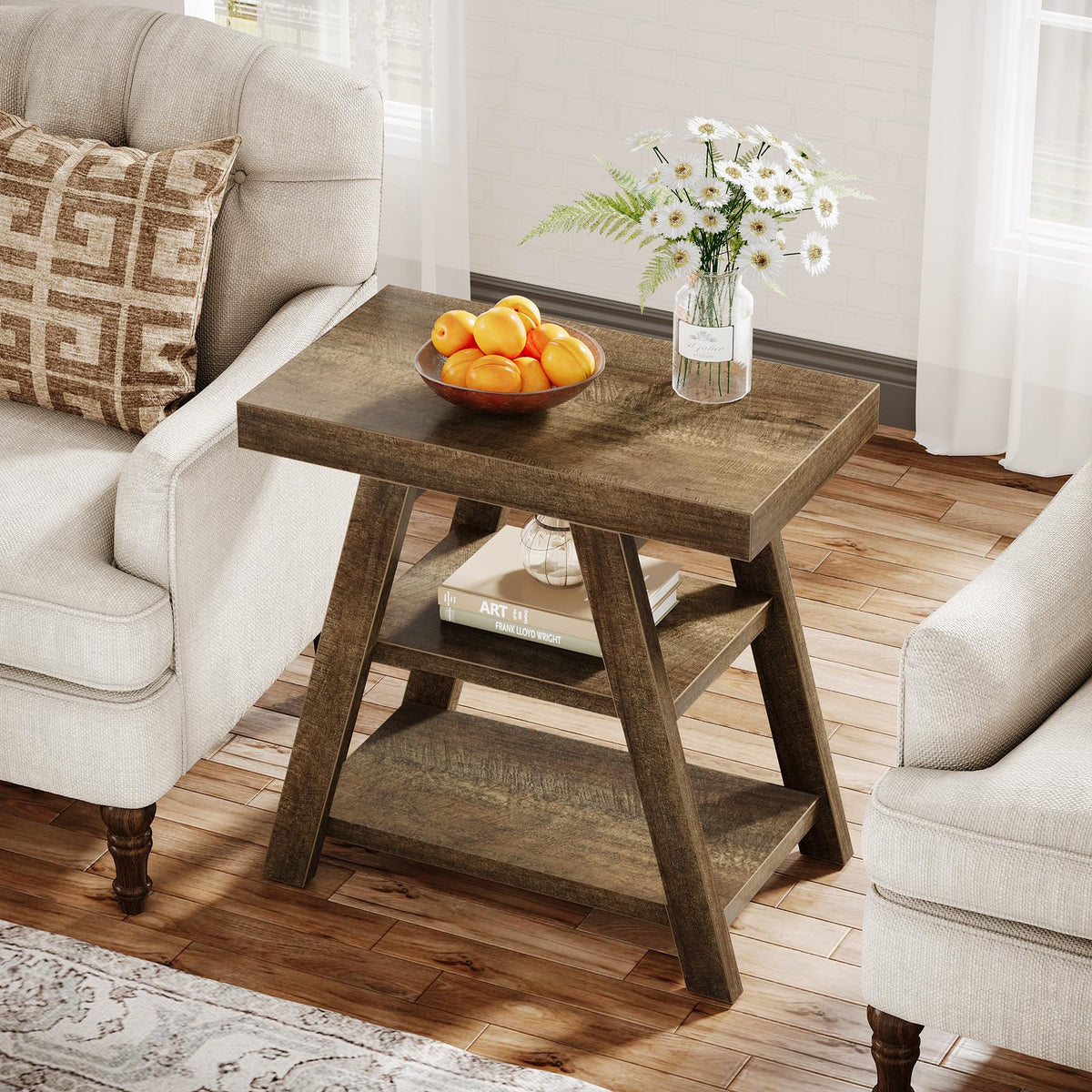 3-Tier Wooden Sofa Side Table with Trapezoid Legs M9868