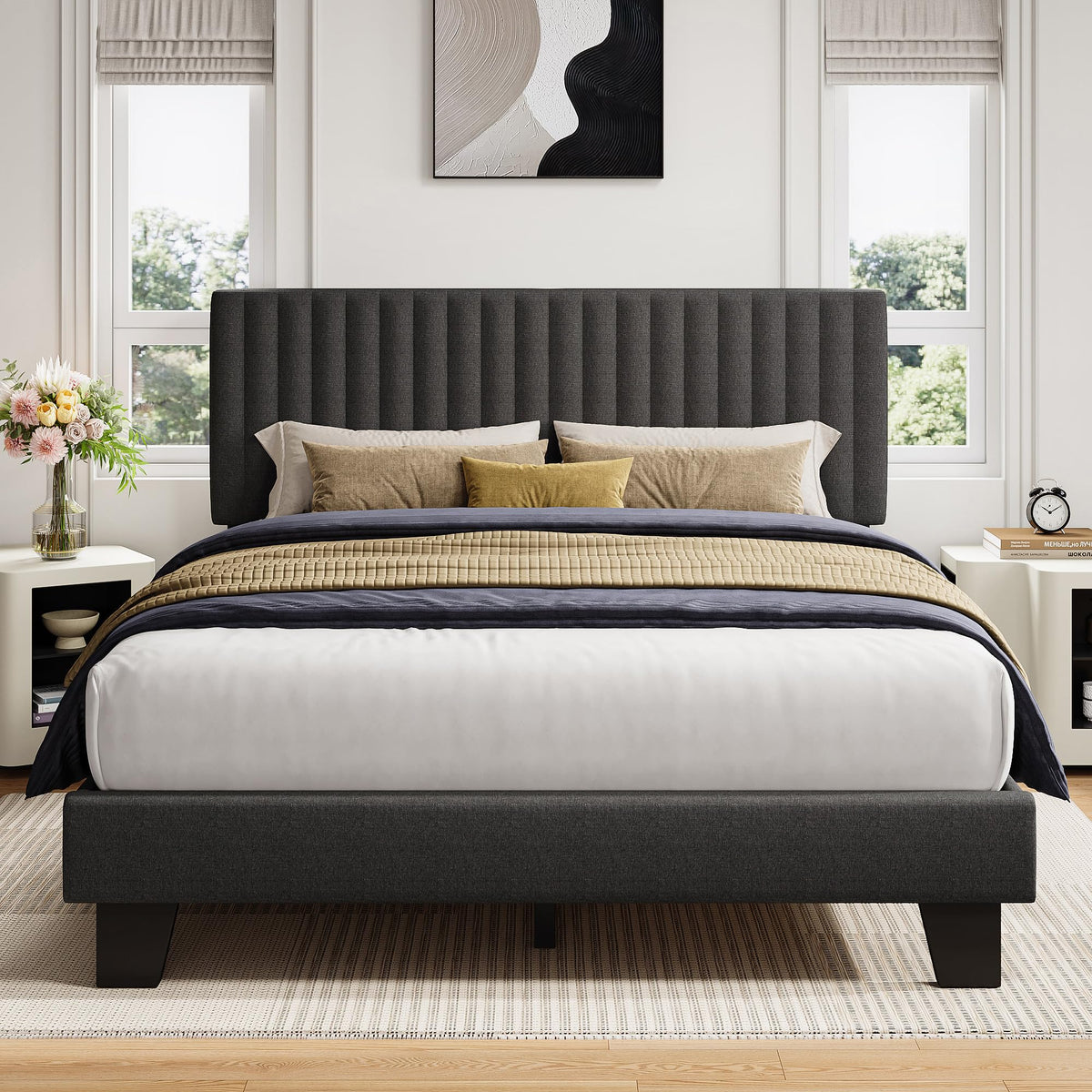 Queen Size Upholstered Platform Bed with Linen Headboard V89649