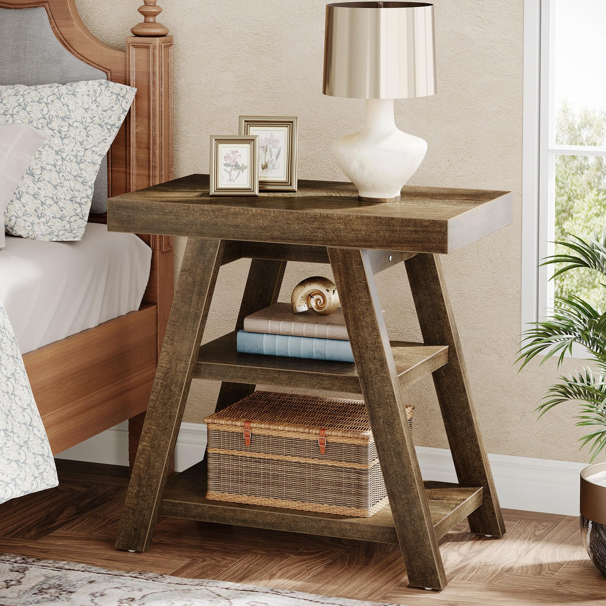 3-Tier Wooden Sofa Side Table with Trapezoid Legs M9868