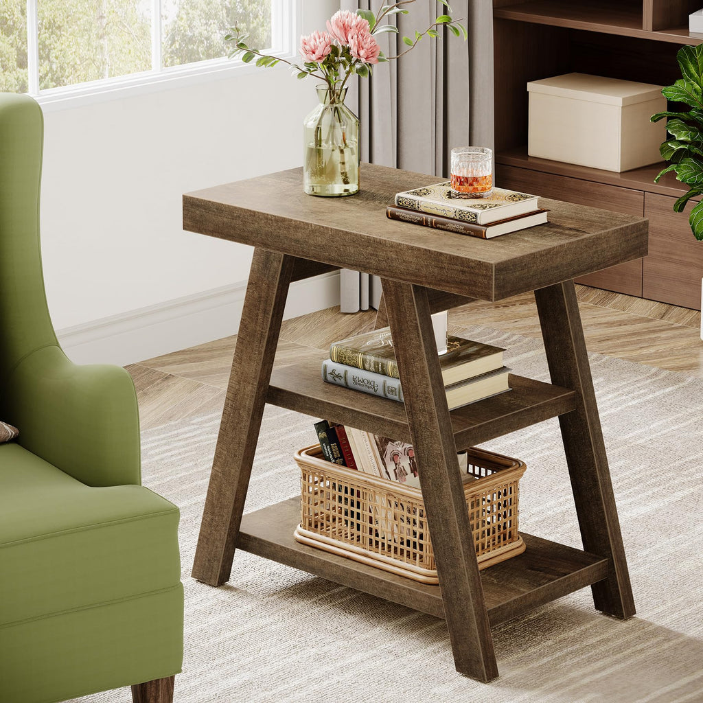 3-Tier Wooden Sofa Side Table with Trapezoid Legs M9868