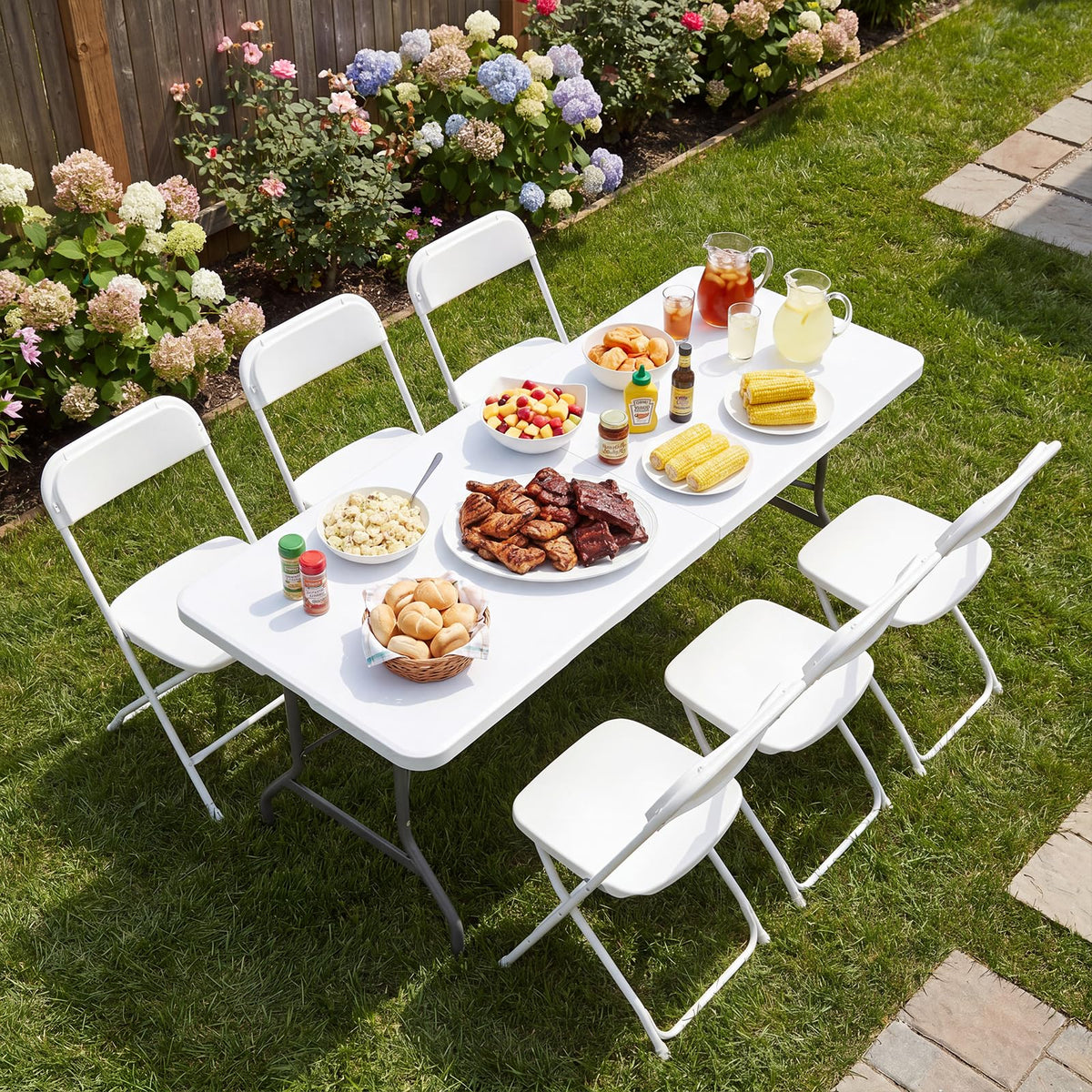 6 FT Folding Picnic Table with 6 Folding Chairs White W371